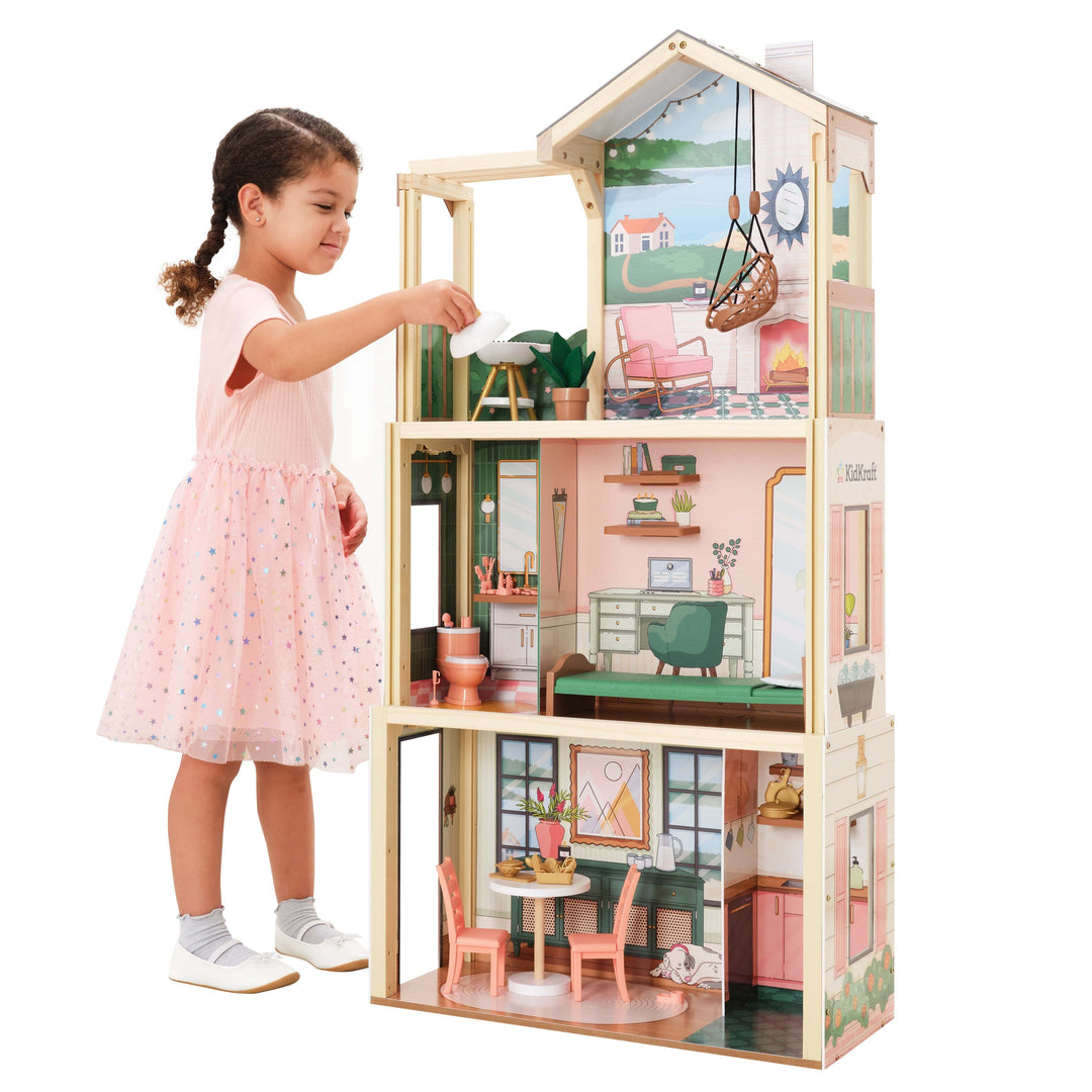 SwingsetPlus Click & Play Fully Assembled Pop-Up Wooden Dollhouse