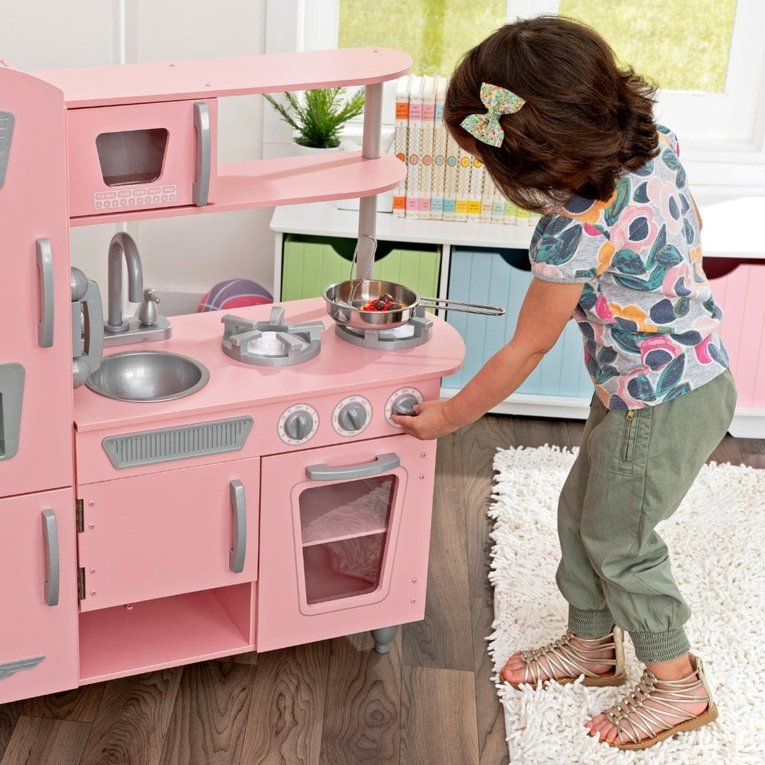 SwingsetPlus Vintage Play Kitchen - Pink with Stainless Steel Fixtures & Ice Maker