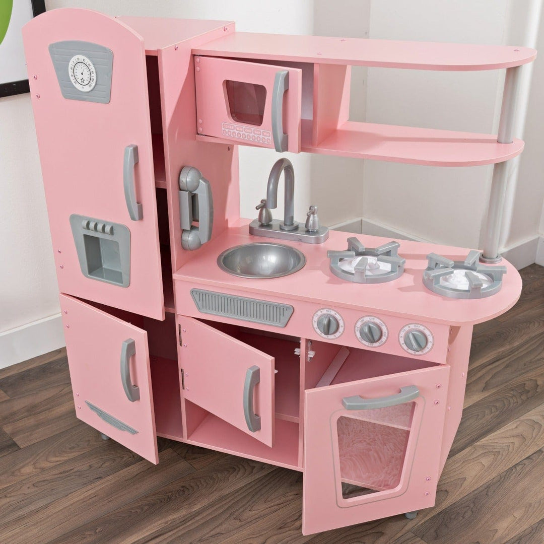 SwingsetPlus Vintage Play Kitchen - Pink with Stainless Steel Fixtures & Ice Maker