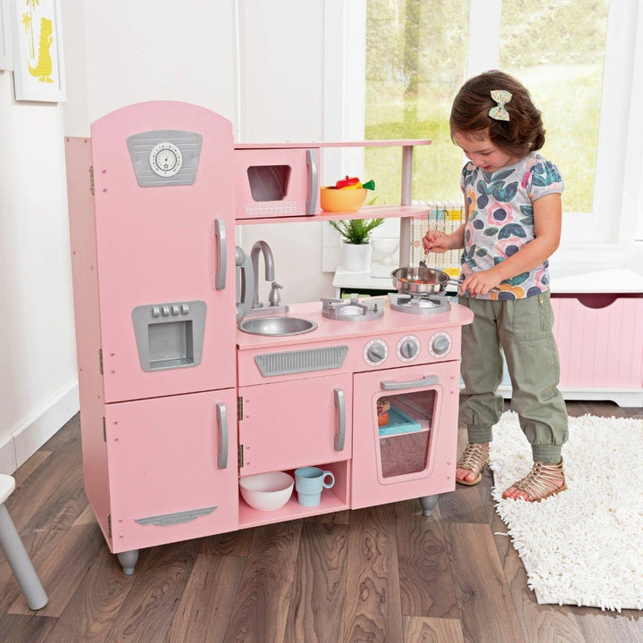 SwingsetPlus Vintage Play Kitchen - Pink with Stainless Steel Fixtures & Ice Maker